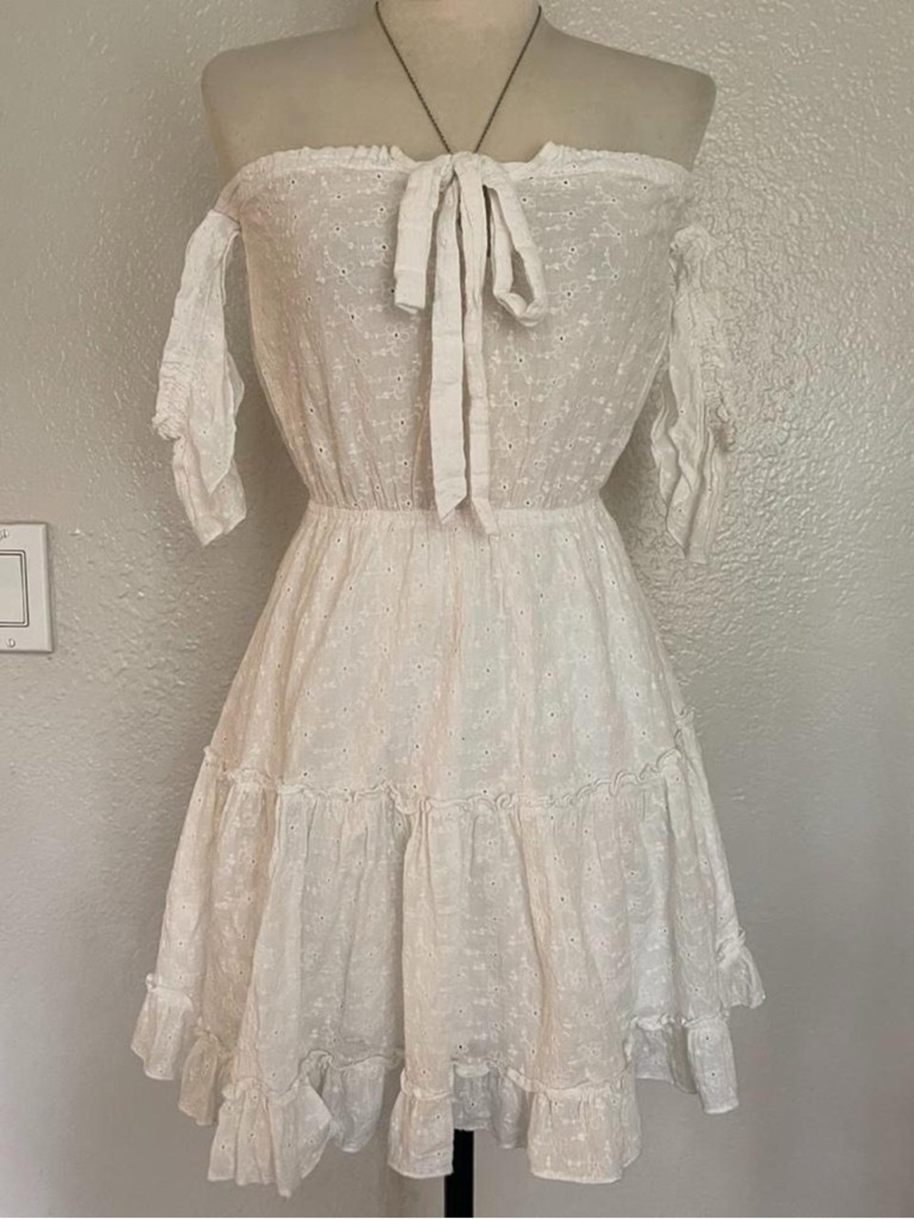 Princess Polly White Off-Shoulder Eyelet Mini Dress
